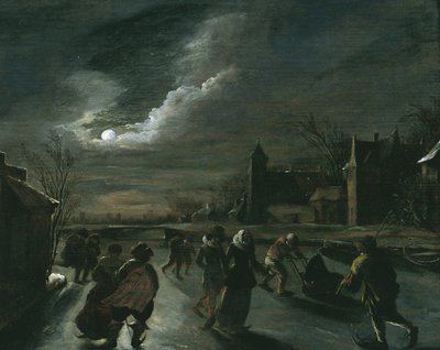 Moonlight Scene with Skaters by Dutch School